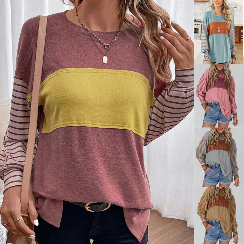Damen Pullover Colorblock-Streifen – Langarm, Rundhals & Lässig