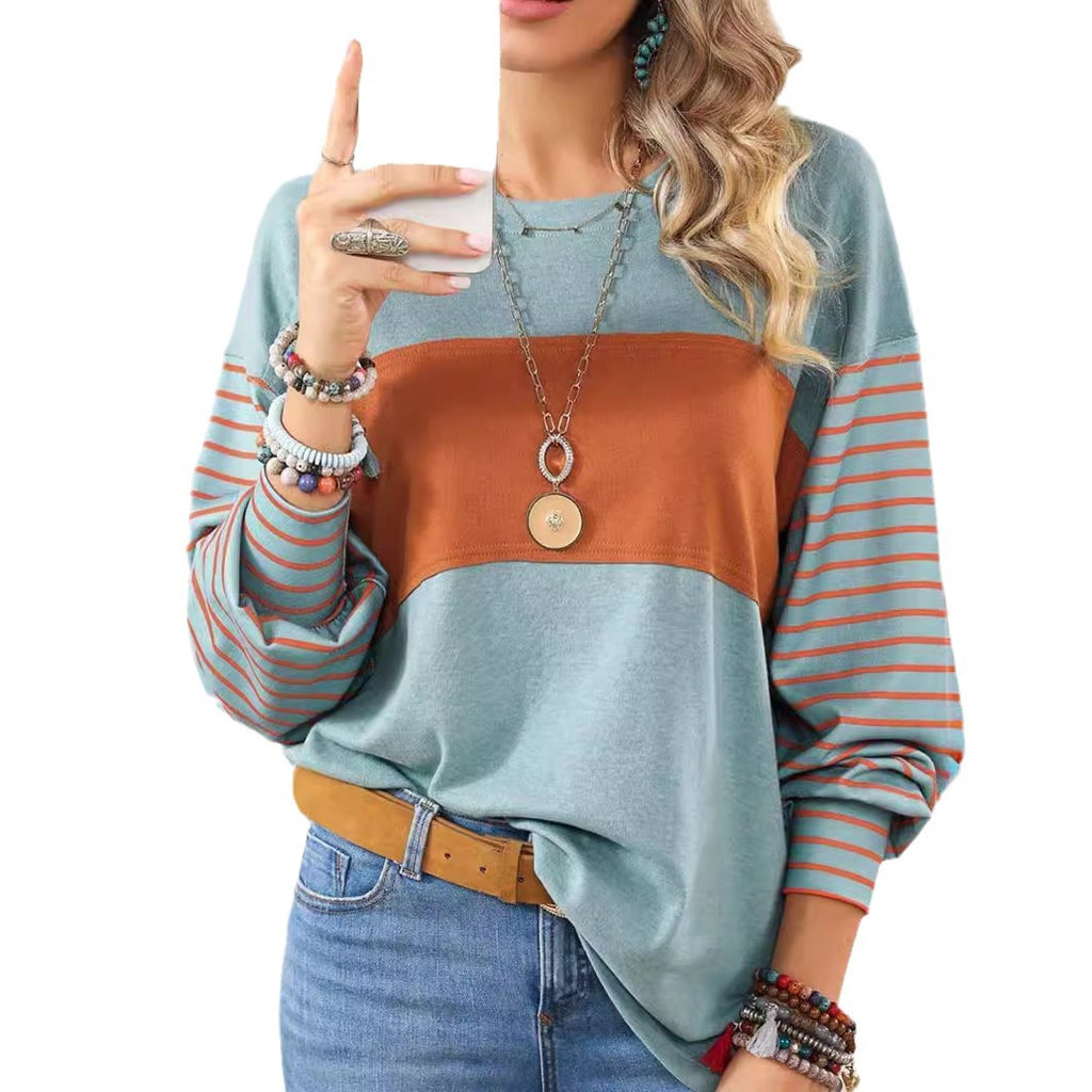 Damen Pullover Colorblock-Streifen – Langarm, Rundhals & Lässig
