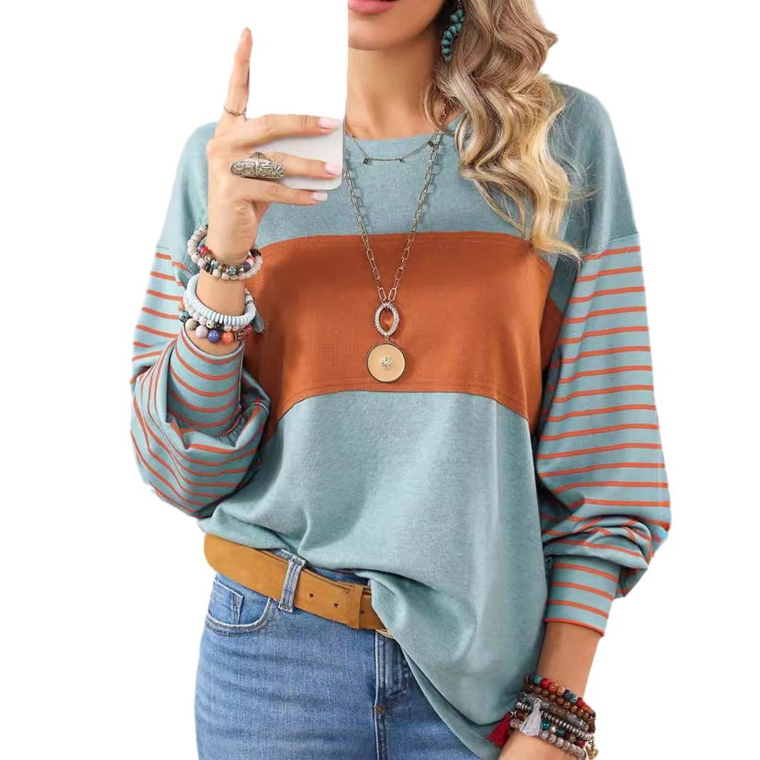 Damen Pullover Colorblock-Streifen – Langarm, Rundhals & Lässig