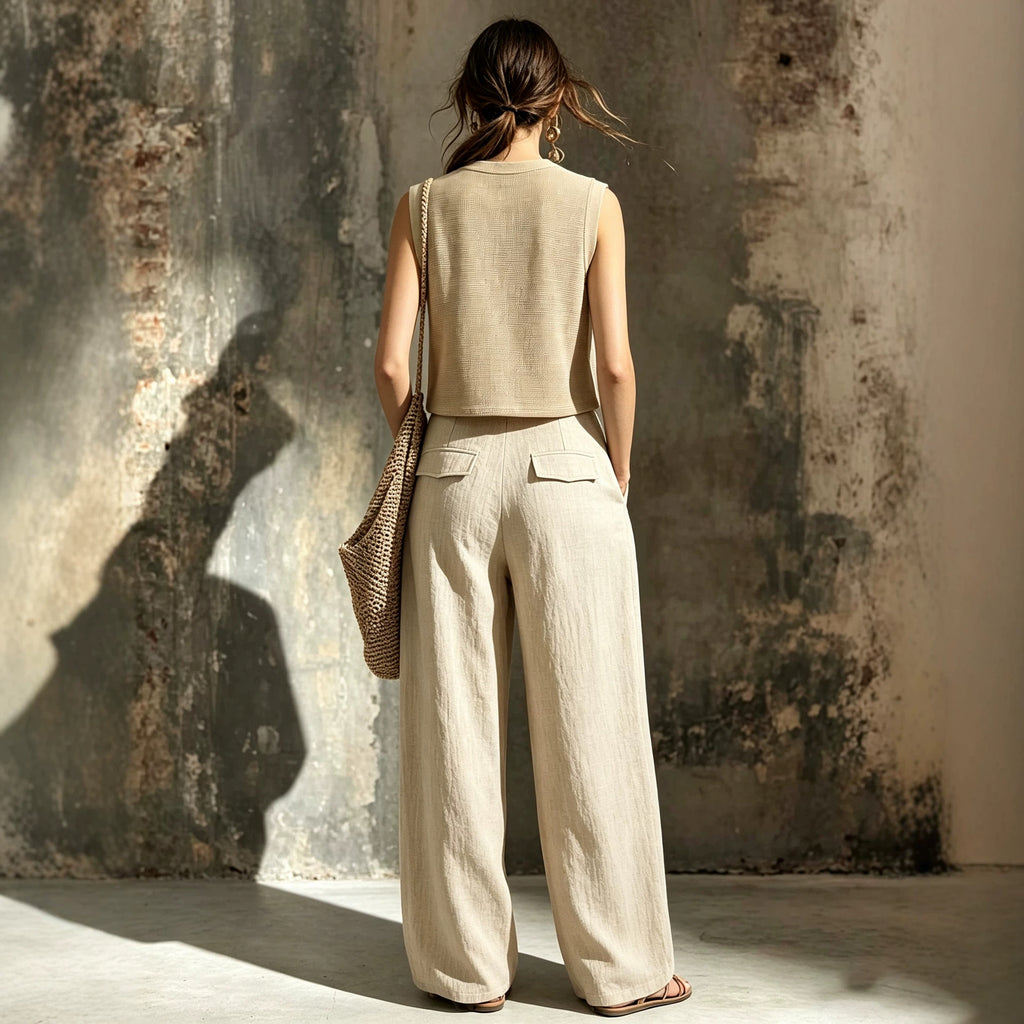 Damen Zweiteiler Khaki – Strick-Weste mit Taschen & Weithose