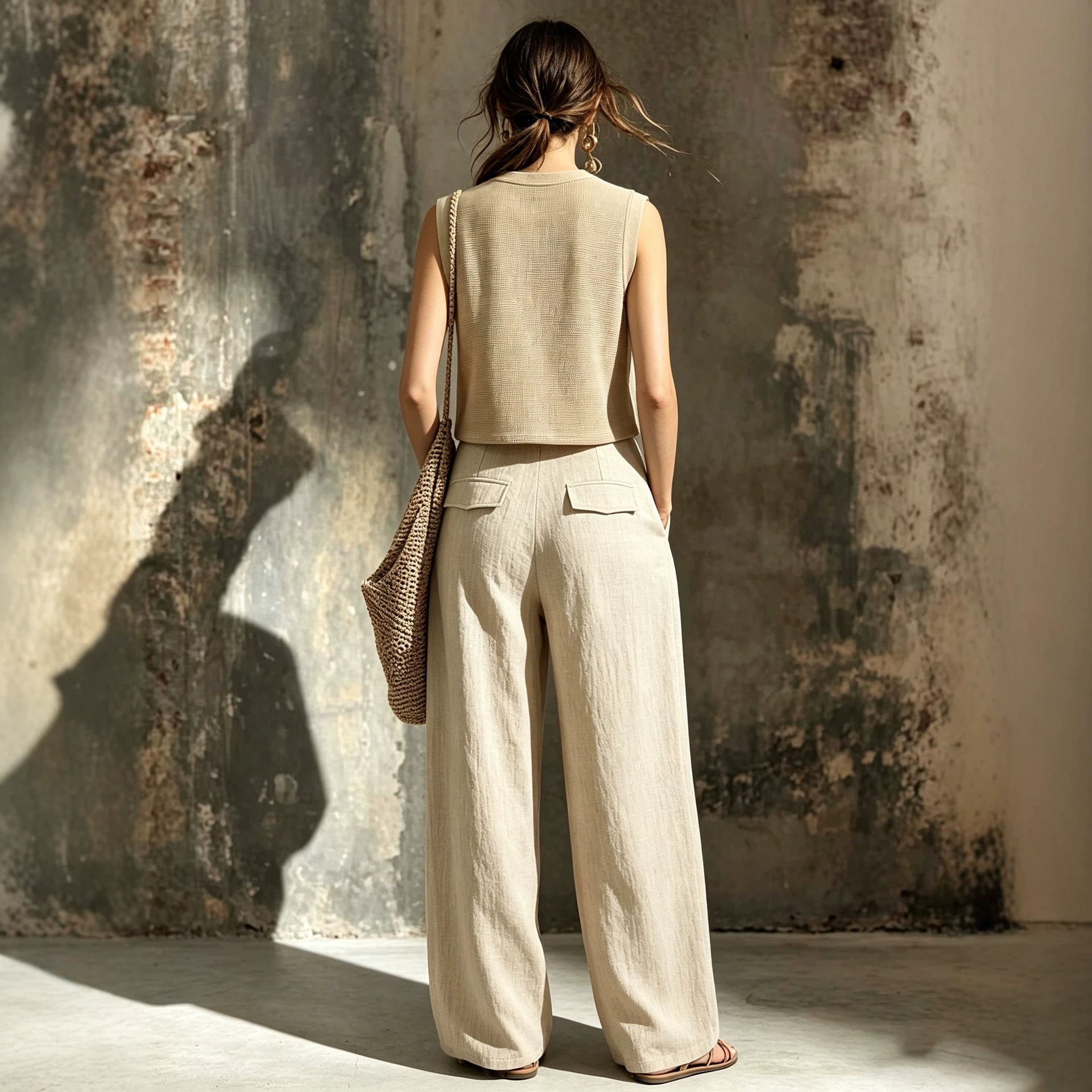 Damen Zweiteiler Khaki – Strick-Weste mit Taschen & Weithose