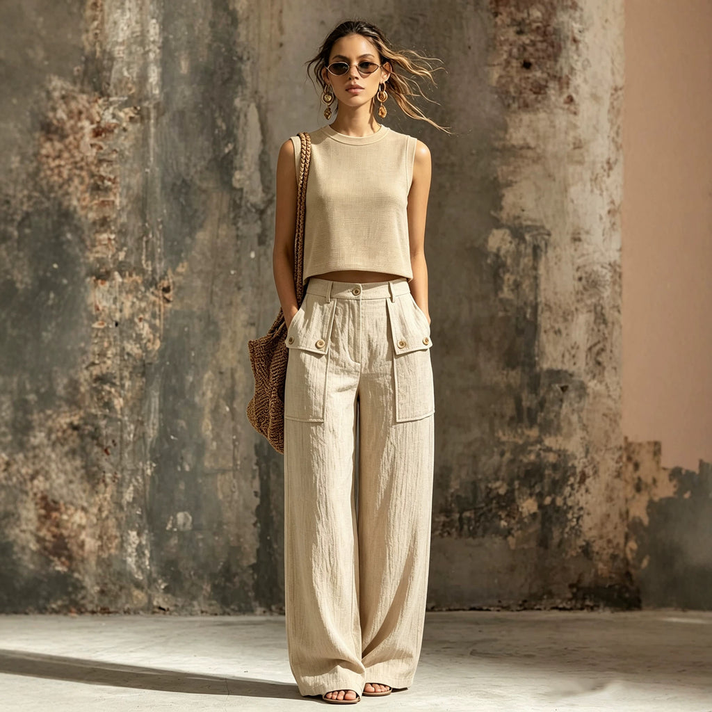 Damen Zweiteiler Khaki – Strick-Weste mit Taschen & Weithose