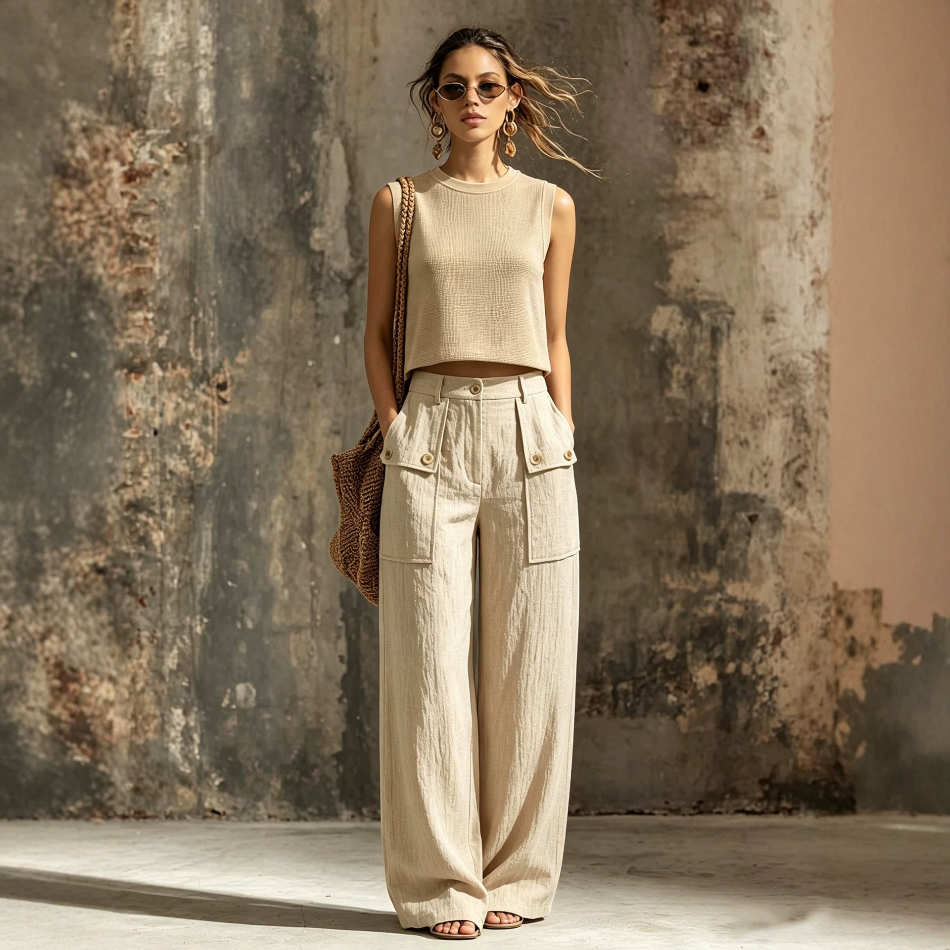 Damen Zweiteiler Khaki – Strick-Weste mit Taschen & Weithose
