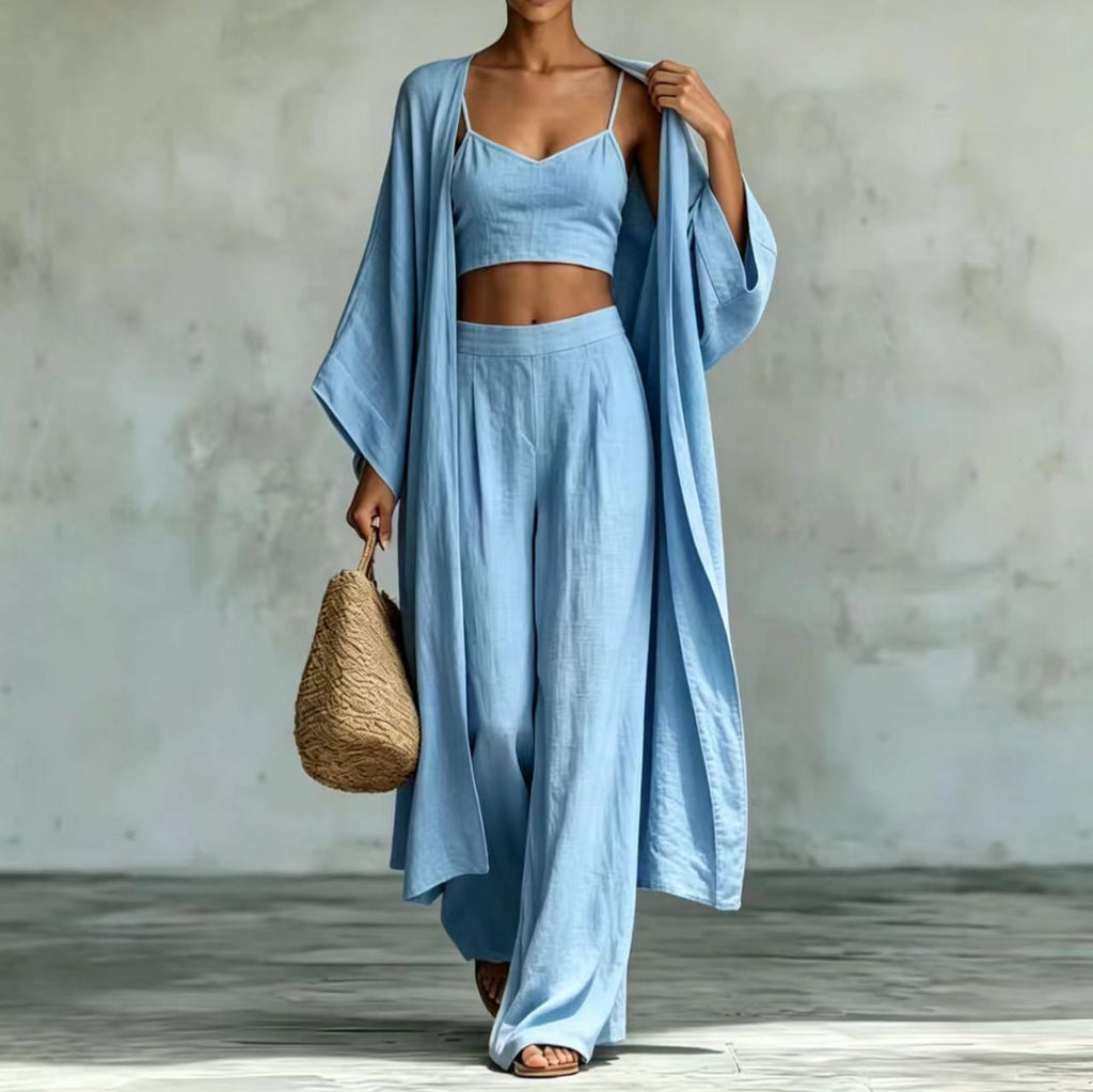 Loose cardigan short strap high waist wide leg pants set