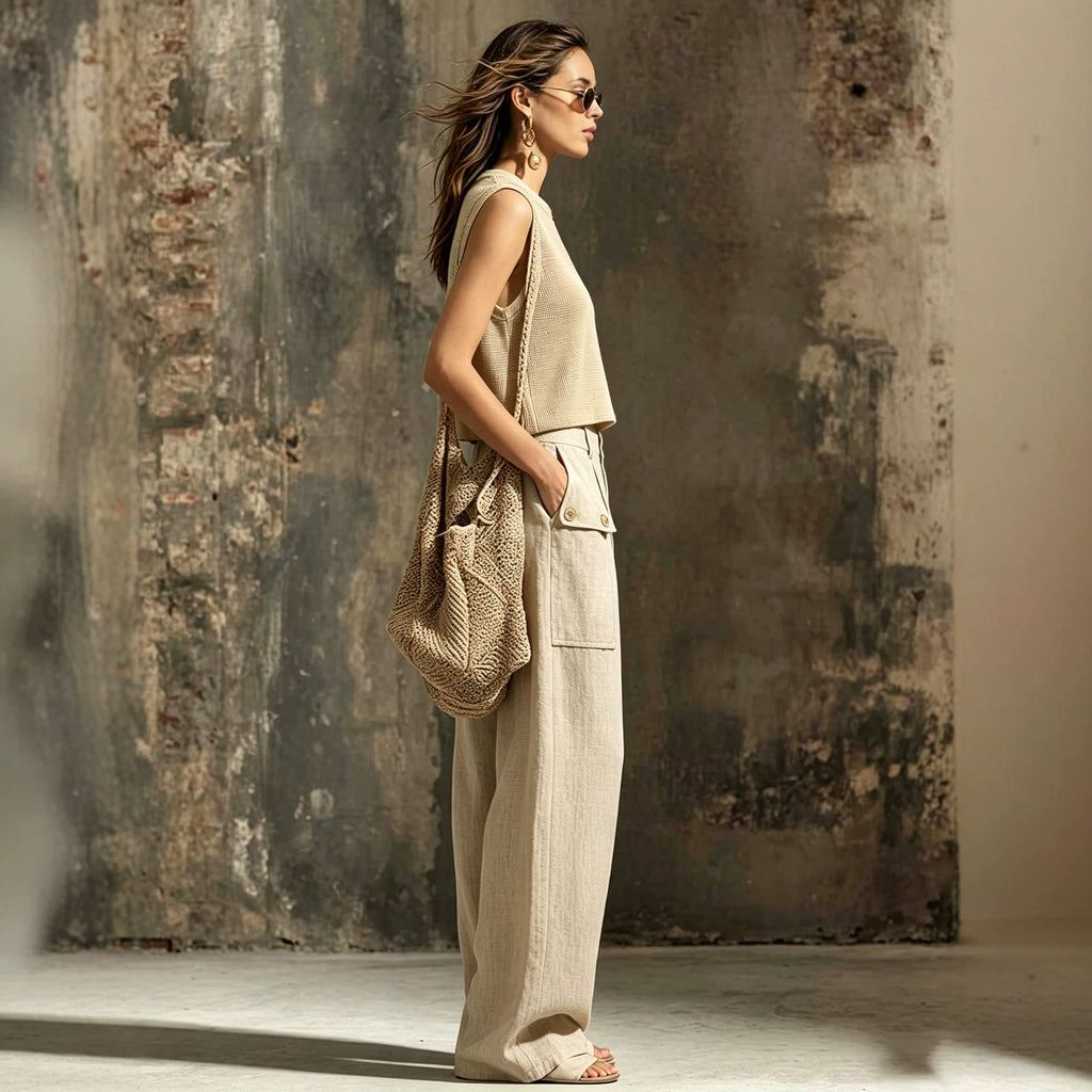 Damen Zweiteiler Khaki – Strick-Weste mit Taschen & Weithose