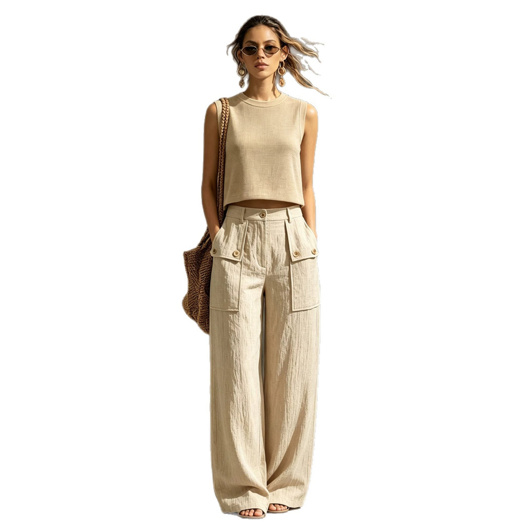 Damen Zweiteiler Khaki – Strick-Weste mit Taschen & Weithose