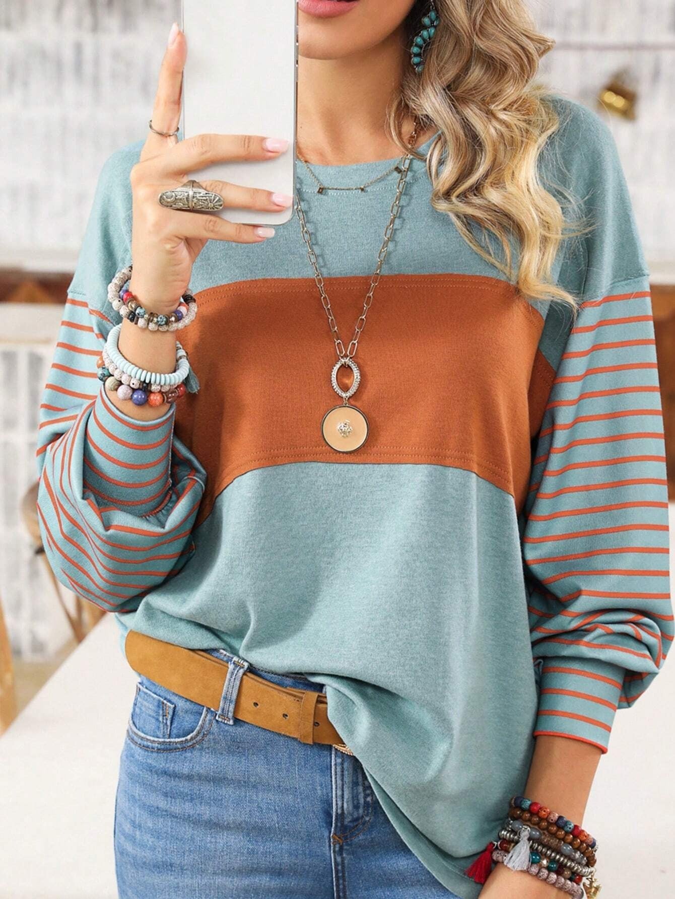 Damen Pullover Colorblock-Streifen – Langarm, Rundhals & Lässig