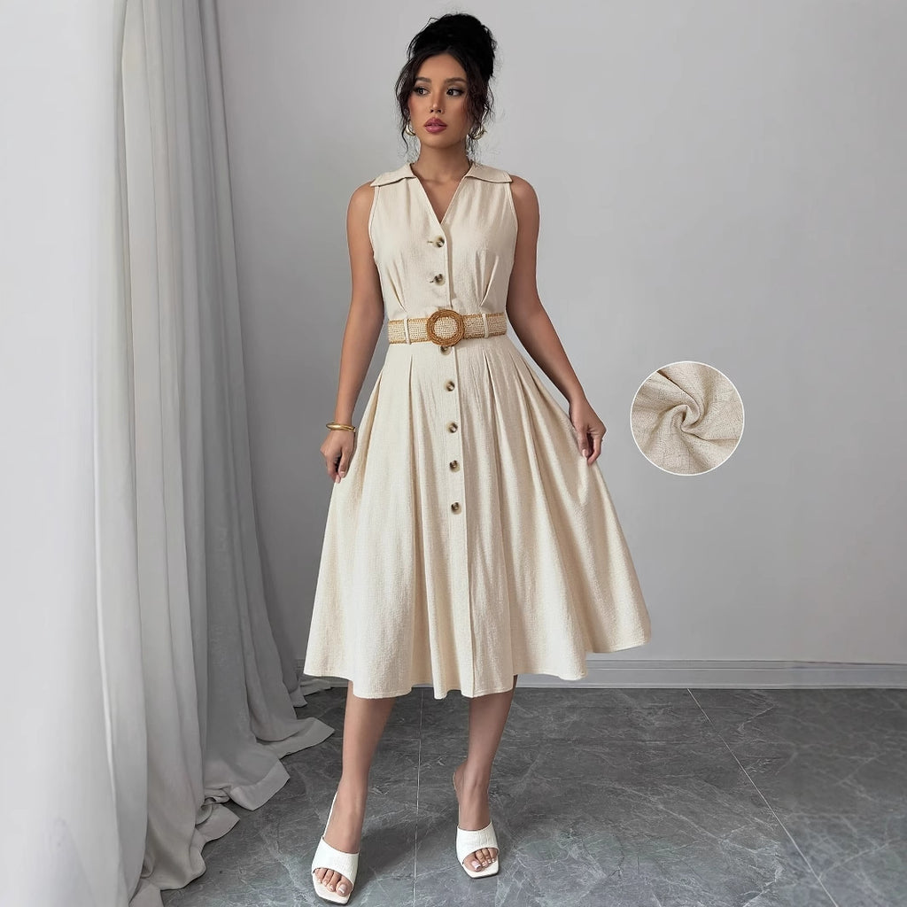 Damen Hemdblusenkleid – V-Ausschnitt, Ärmellos & A-Linie