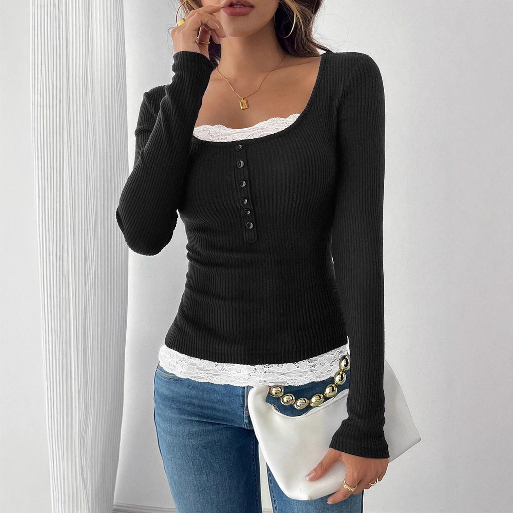 Damen Spitzenoberteil Rundhals – Slim Fit, Langarm & Einknopf