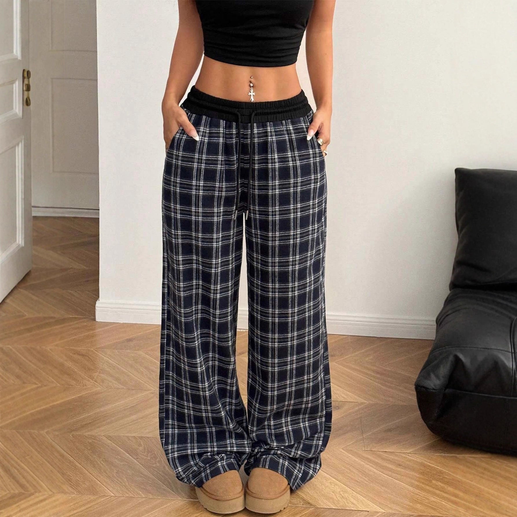 Damen Sweathose Karo-Patchwork – Locker, Hohe Taille & Casual