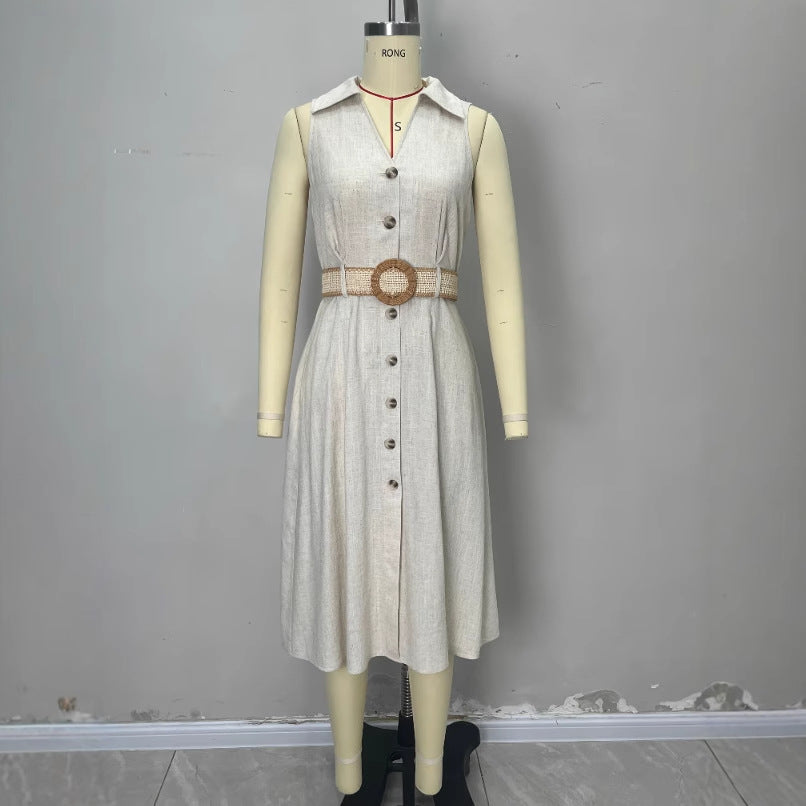 Damen Hemdblusenkleid – V-Ausschnitt, Ärmellos & A-Linie