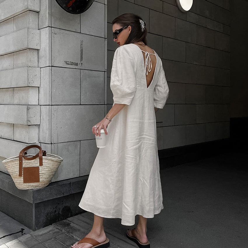 V-neck bubble sleeve loose mid length dress