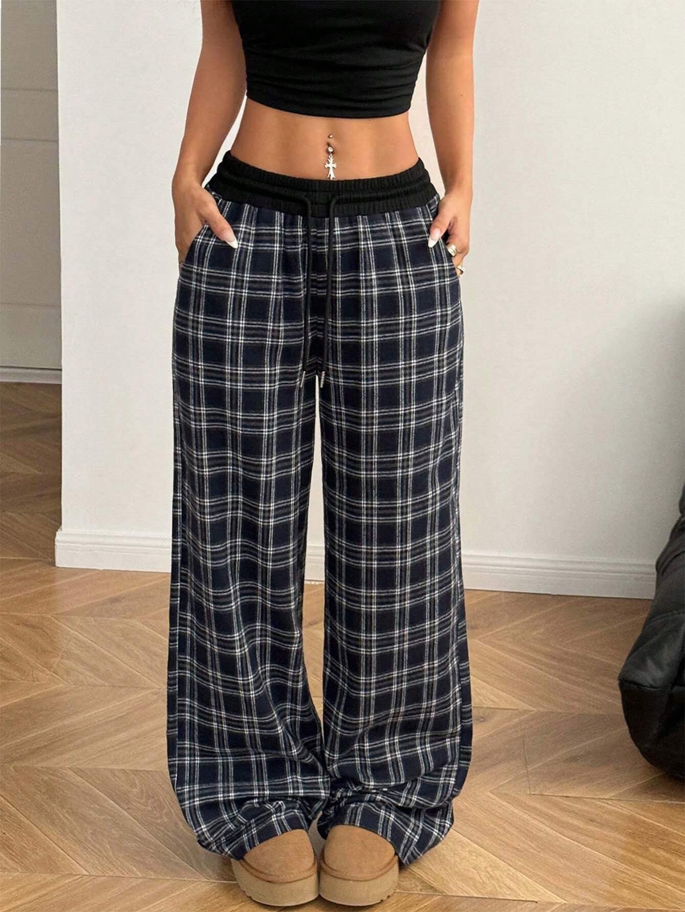 Damen Sweathose Karo-Patchwork – Locker, Hohe Taille & Casual