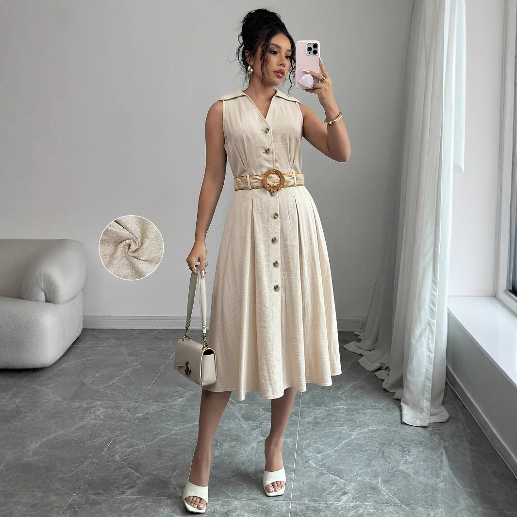 Damen Hemdblusenkleid – V-Ausschnitt, Ärmellos & A-Linie
