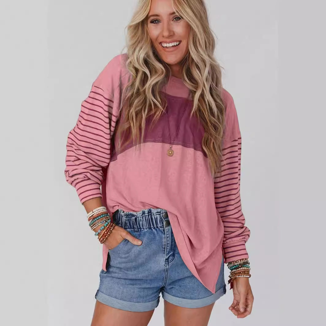 Damen Pullover Colorblock-Streifen – Langarm, Rundhals & Lässig