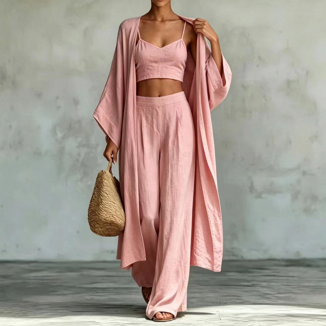 Loose cardigan short strap high waist wide leg pants set