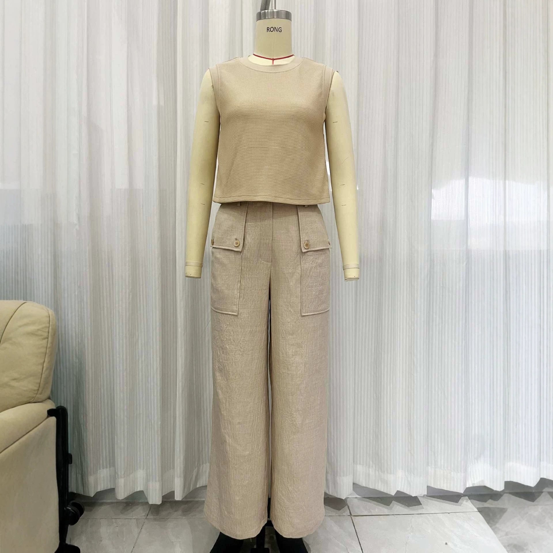 Damen Zweiteiler Khaki – Strick-Weste mit Taschen & Weithose