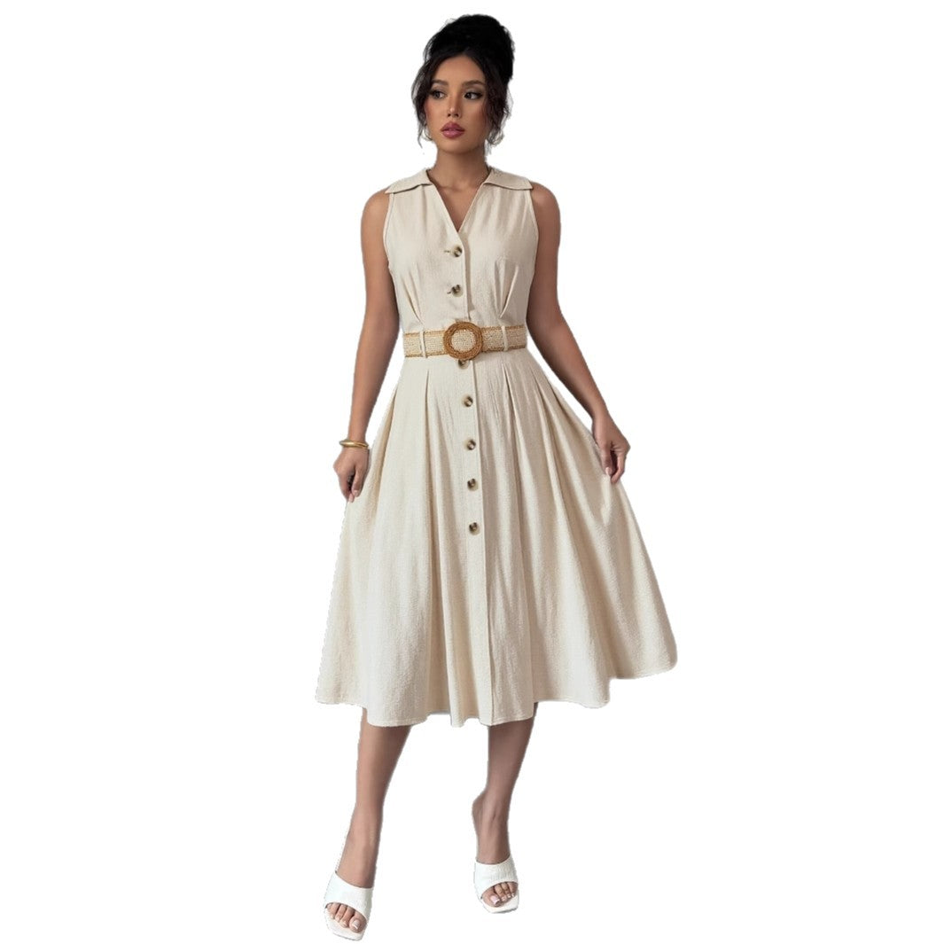 Damen Hemdblusenkleid – V-Ausschnitt, Ärmellos & A-Linie
