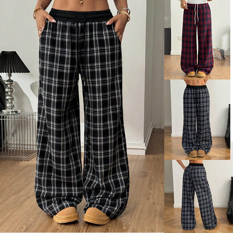Damen Sweathose Karo-Patchwork – Locker, Hohe Taille & Casual
