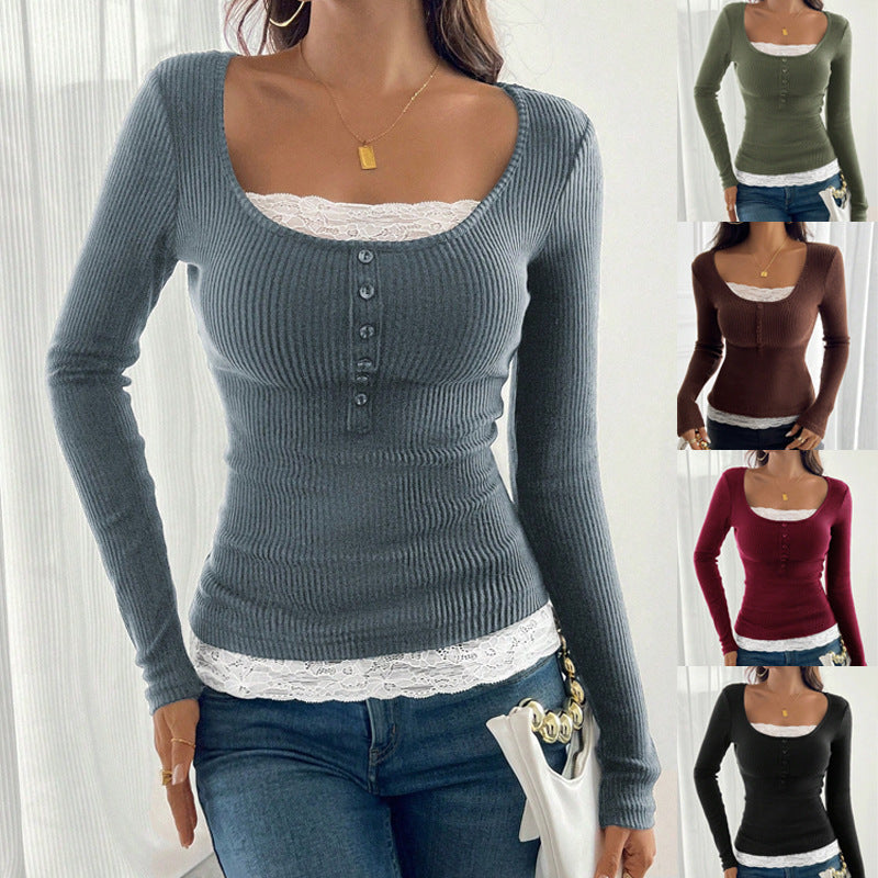 Damen Spitzenoberteil Rundhals – Slim Fit, Langarm & Einknopf