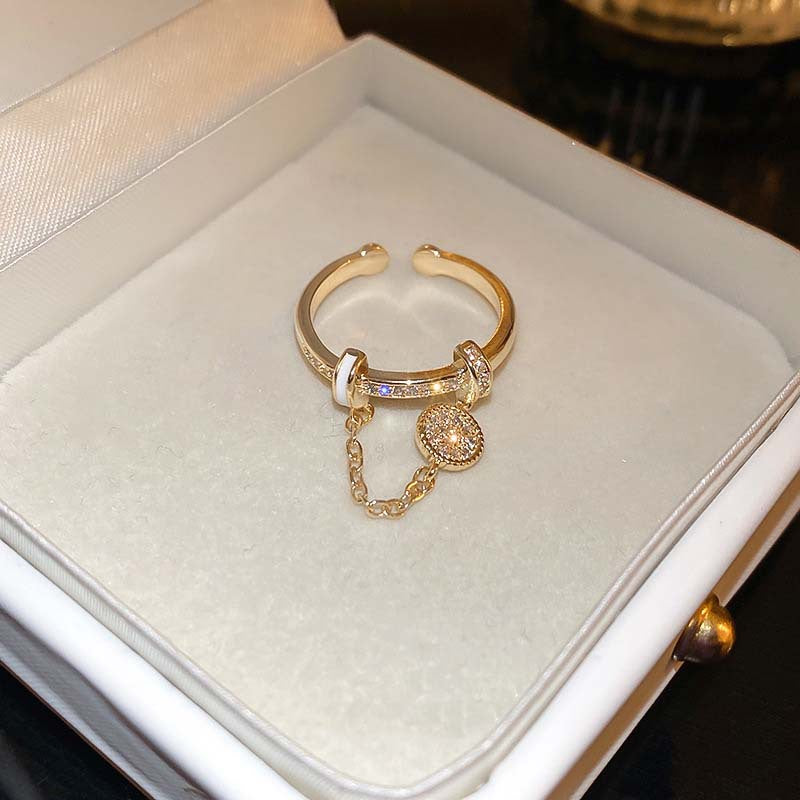 Zirkonia-Diamant-Ring mit runder Kette und Quasten – Echtgold-plattierter Ring – Exklusiver Luxus-Schmuck im modernen Stil – Offener Fingerring