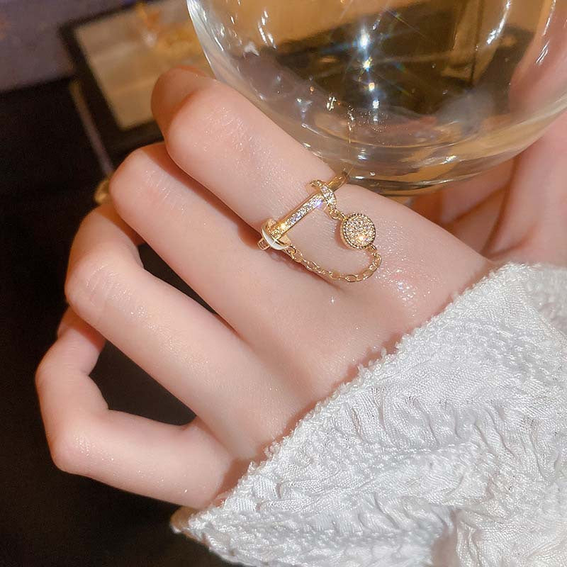 Zirkonia-Diamant-Ring mit runder Kette und Quasten – Echtgold-plattierter Ring – Exklusiver Luxus-Schmuck im modernen Stil – Offener Fingerring