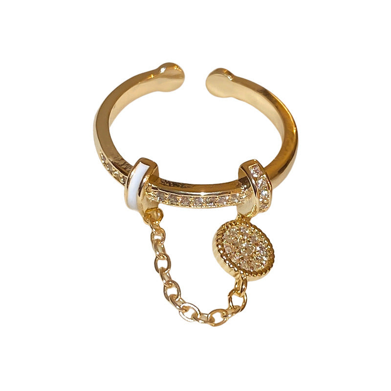Zirkonia-Diamant-Ring mit runder Kette und Quasten – Echtgold-plattierter Ring – Exklusiver Luxus-Schmuck im modernen Stil – Offener Fingerring