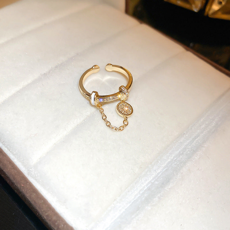 Zirkonia-Diamant-Ring mit runder Kette und Quasten – Echtgold-plattierter Ring – Exklusiver Luxus-Schmuck im modernen Stil – Offener Fingerring