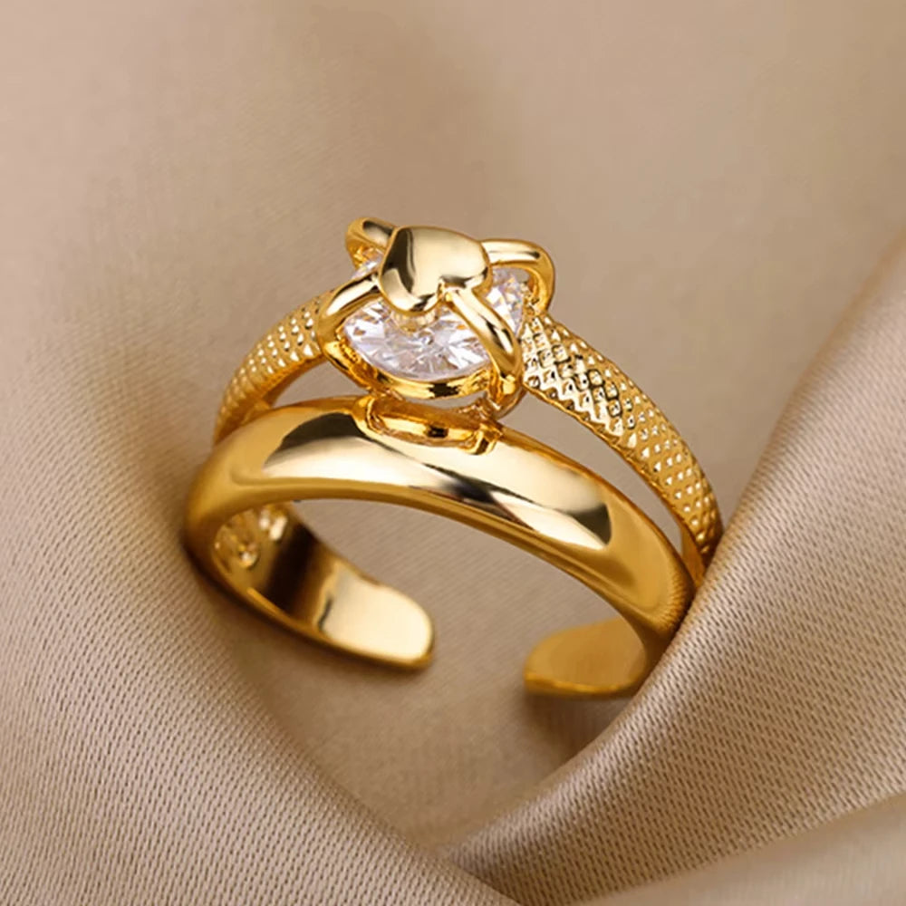 Kettenring mit Zirkonia & Kreuz – Offener Goldring für Damen