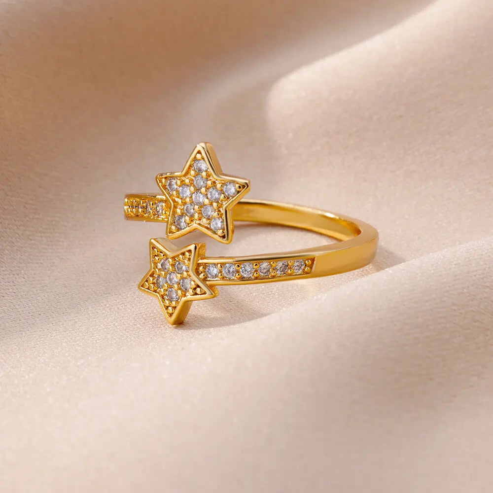 Zirkonia Doppelstern-Ring Gold – Trendiger Edelstahlring für Damen