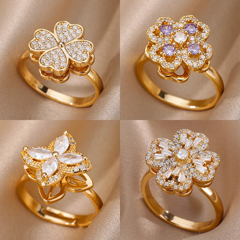 Drehring Vierblättriges Kleeblatt – Anti-Stress-Ring Gold Edelstahl