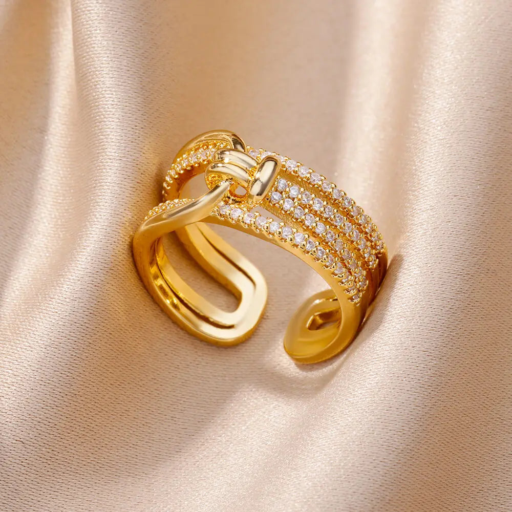 Kettenring mit Zirkonia & Kreuz – Offener Goldring für Damen