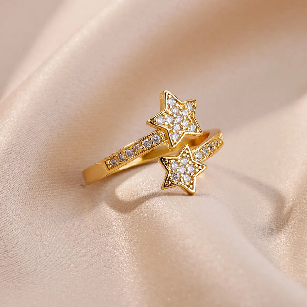 Zirkonia Doppelstern-Ring Gold – Trendiger Edelstahlring für Damen
