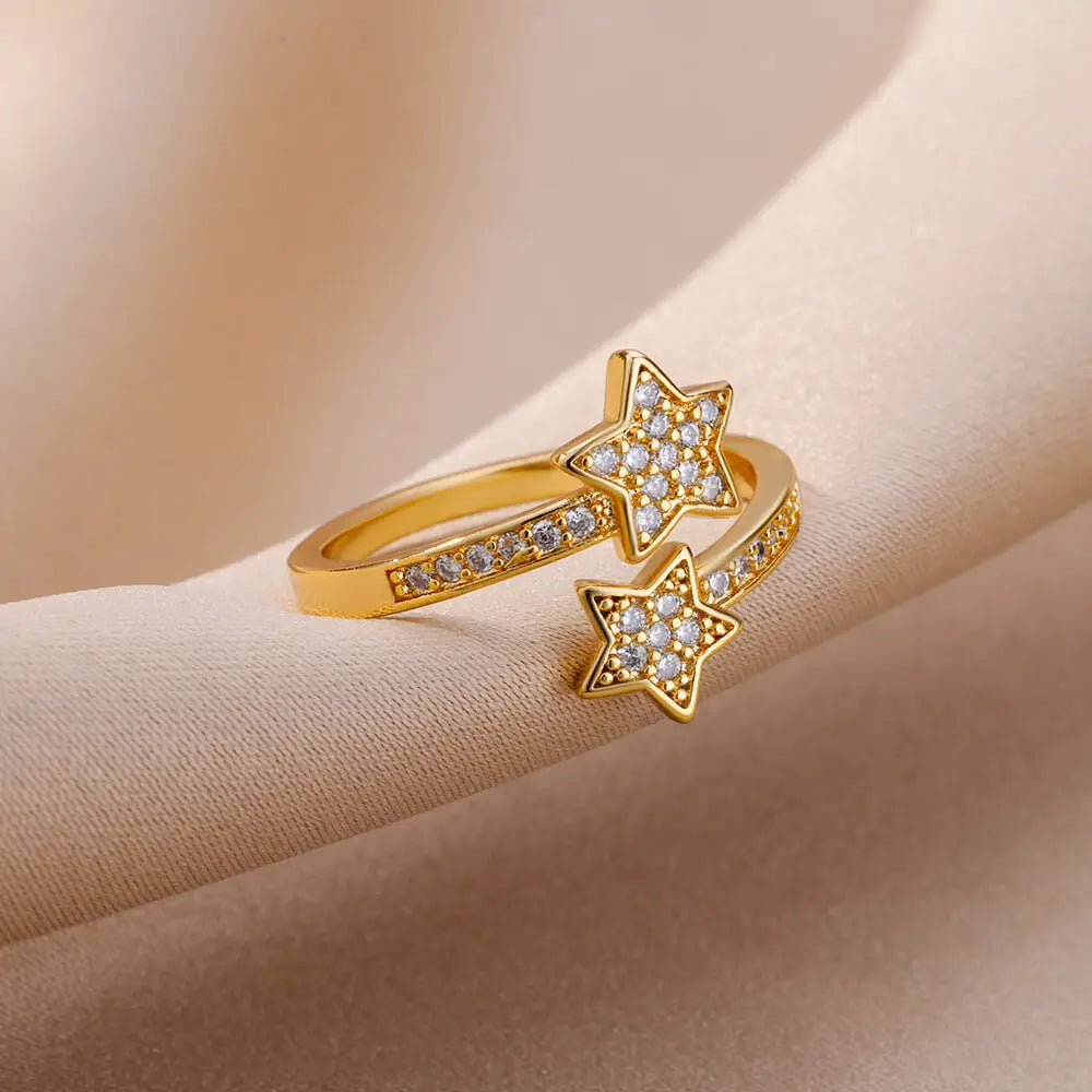 Zirkonia Doppelstern-Ring Gold – Trendiger Edelstahlring für Damen