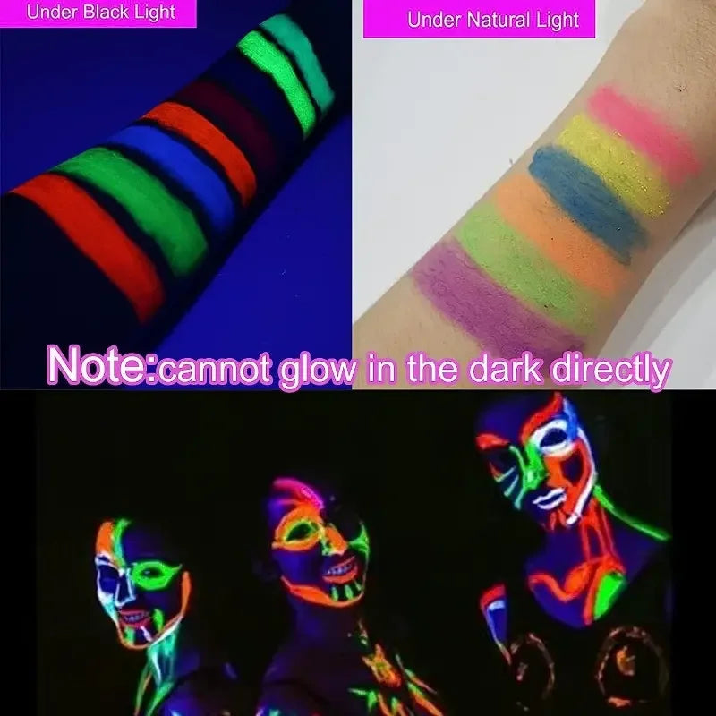 UV Neon Gesichtsfarben-Set 6-teilig – Leuchtet unter UV-Licht, Wasserbasierende Formel