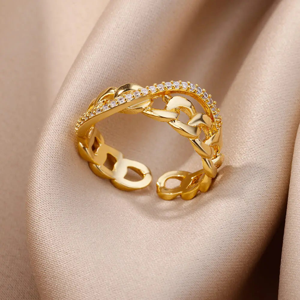 Kettenring mit Zirkonia & Kreuz – Offener Goldring für Damen