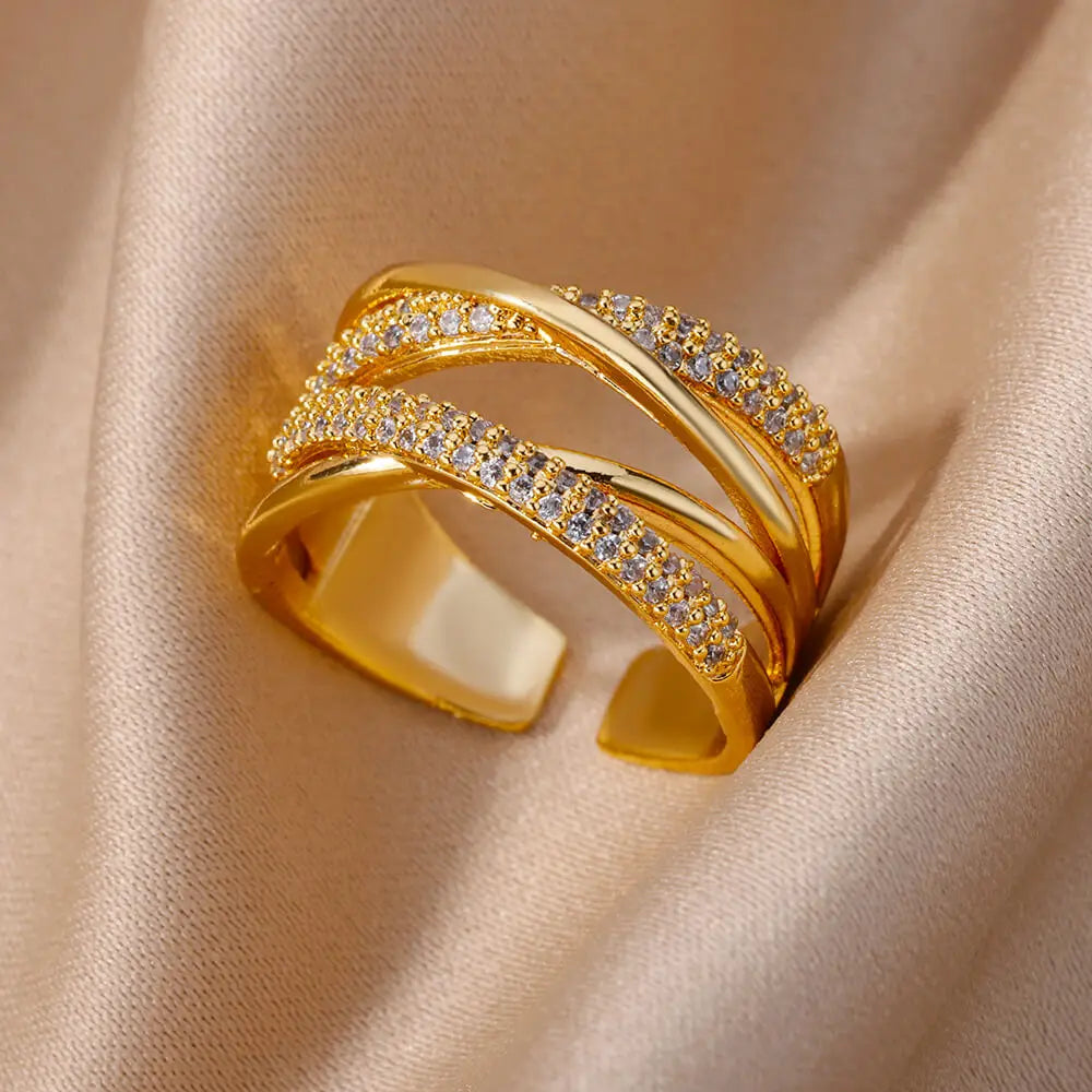 Kettenring mit Zirkonia & Kreuz – Offener Goldring für Damen