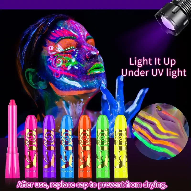 UV Neon Gesichtsfarben-Set 6-teilig – Leuchtet unter UV-Licht, Wasserbasierende Formel