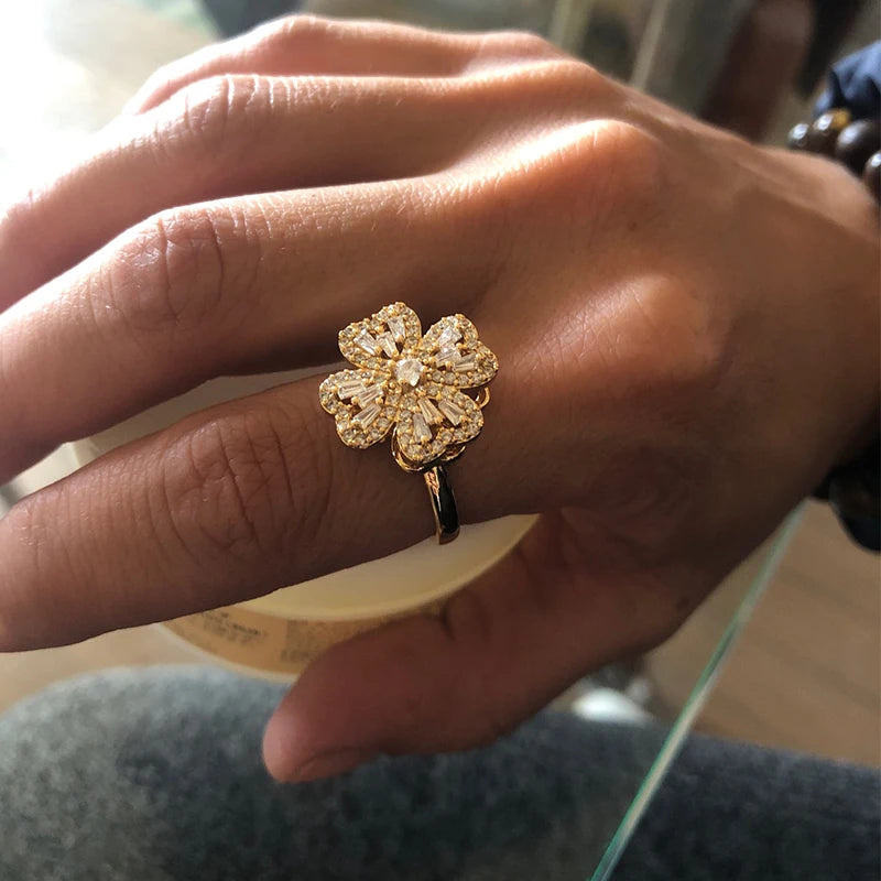 Drehring Vierblättriges Kleeblatt – Anti-Stress-Ring Gold Edelstahl