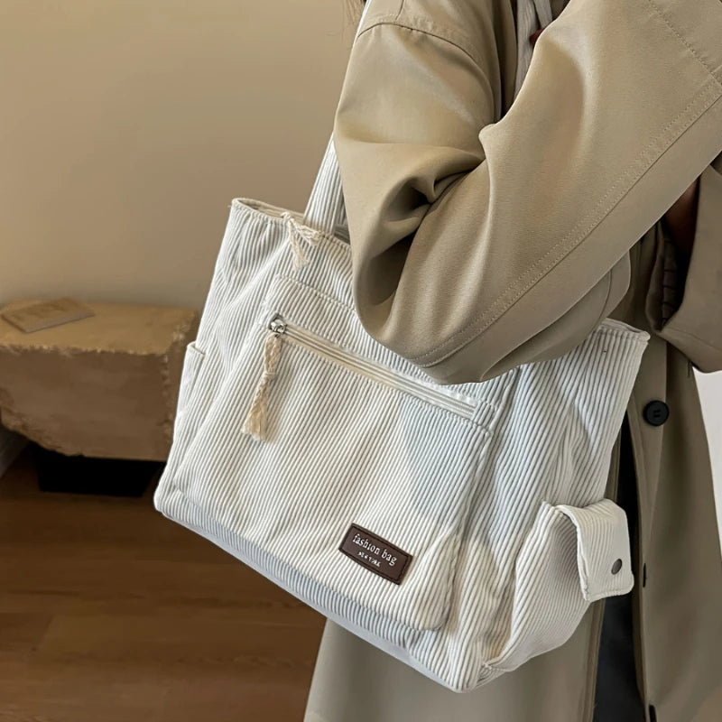 Cord Tote Bag Damen – Retro Schultertasche mit mehreren Fächern