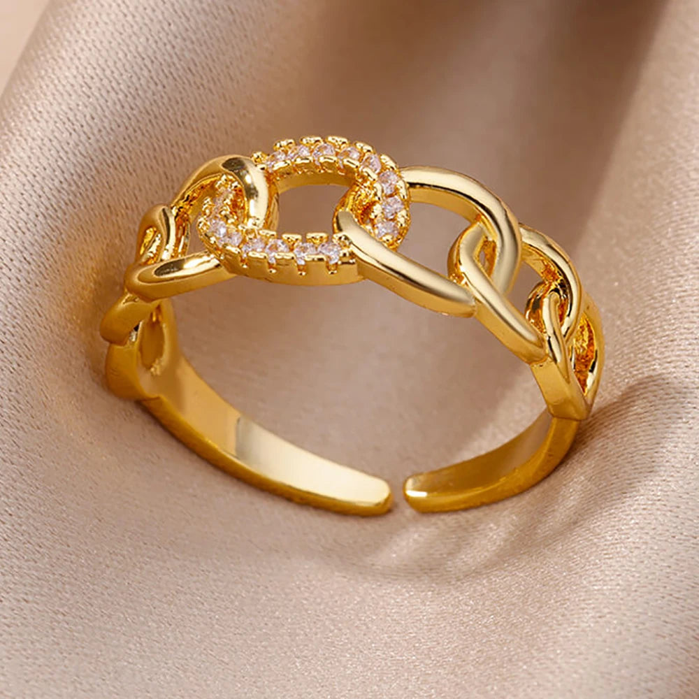 Kettenring mit Zirkonia & Kreuz – Offener Goldring für Damen
