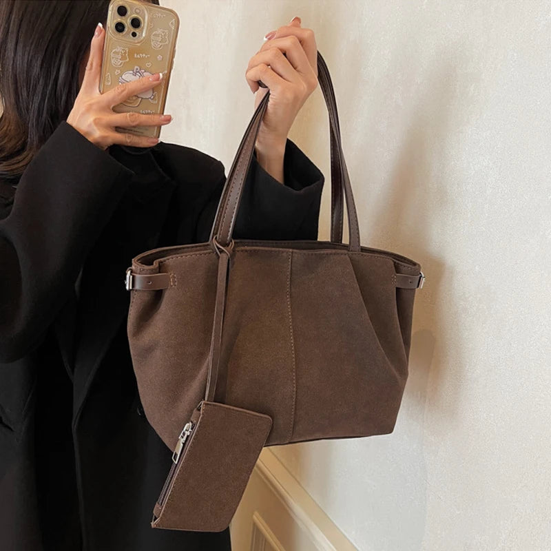 Wildleder Schultertasche Damen – Leichte Große Shopper Bucket Bag