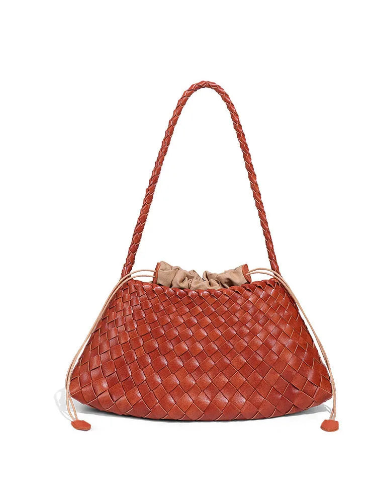 Gewebte Leder Bucket Bag Damen – 2-in-1 Schultertasche mit Kordelzug