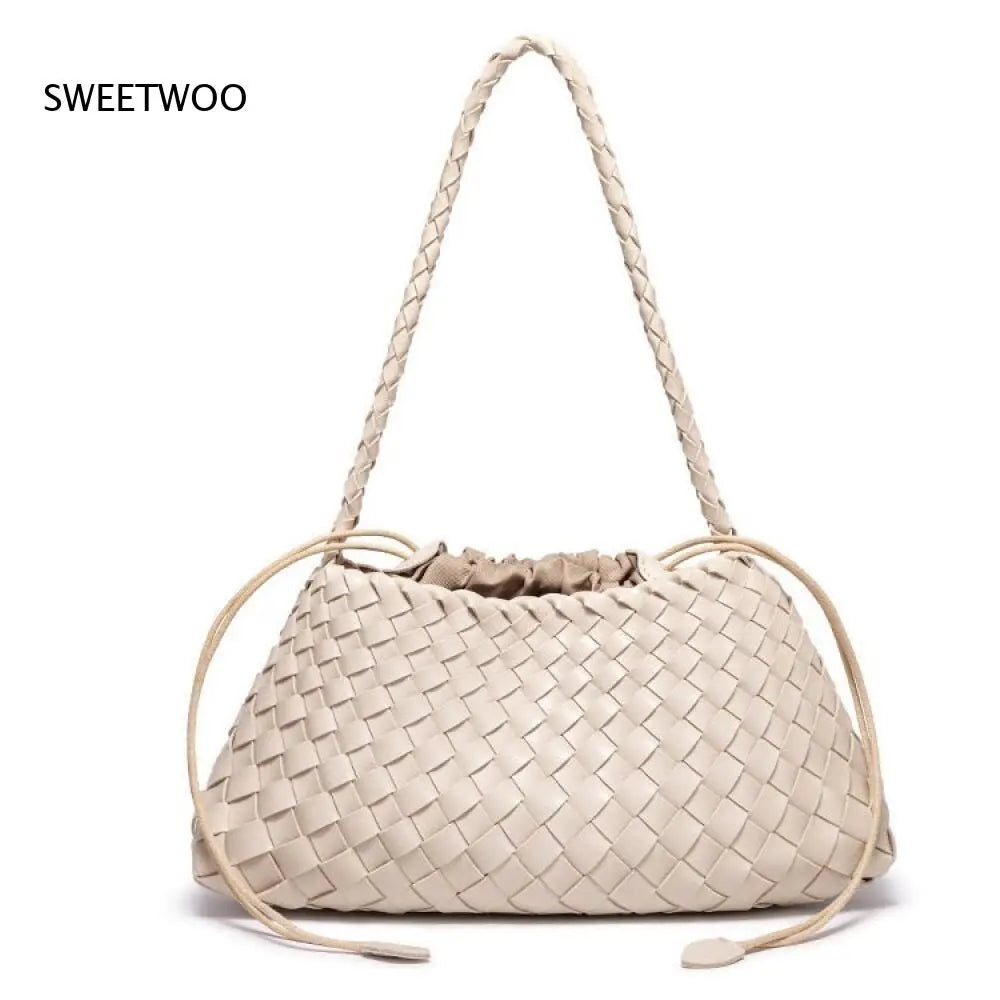 Gewebte Leder Bucket Bag Damen – 2-in-1 Schultertasche mit Kordelzug