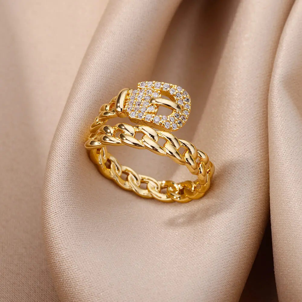 Kettenring mit Zirkonia & Kreuz – Offener Goldring für Damen