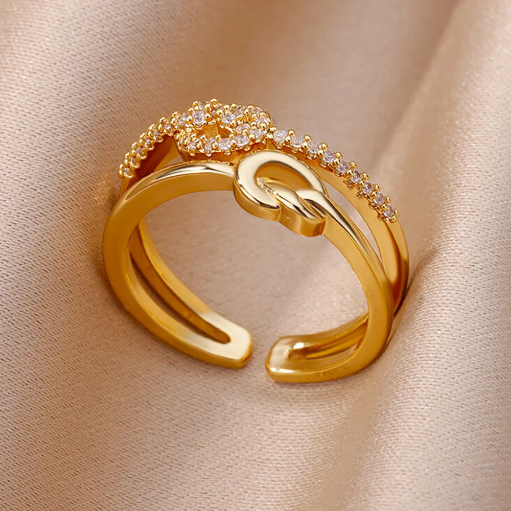 Kettenring mit Zirkonia & Kreuz – Offener Goldring für Damen