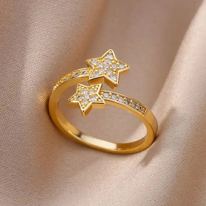 Zirkonia Doppelstern-Ring Gold – Trendiger Edelstahlring für Damen