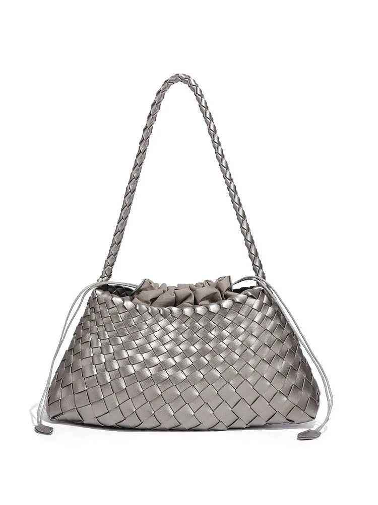 Gewebte Leder Bucket Bag Damen – 2-in-1 Schultertasche mit Kordelzug