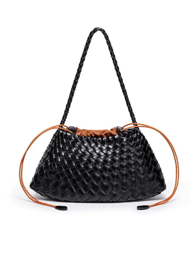 Gewebte Leder Bucket Bag Damen – 2-in-1 Schultertasche mit Kordelzug