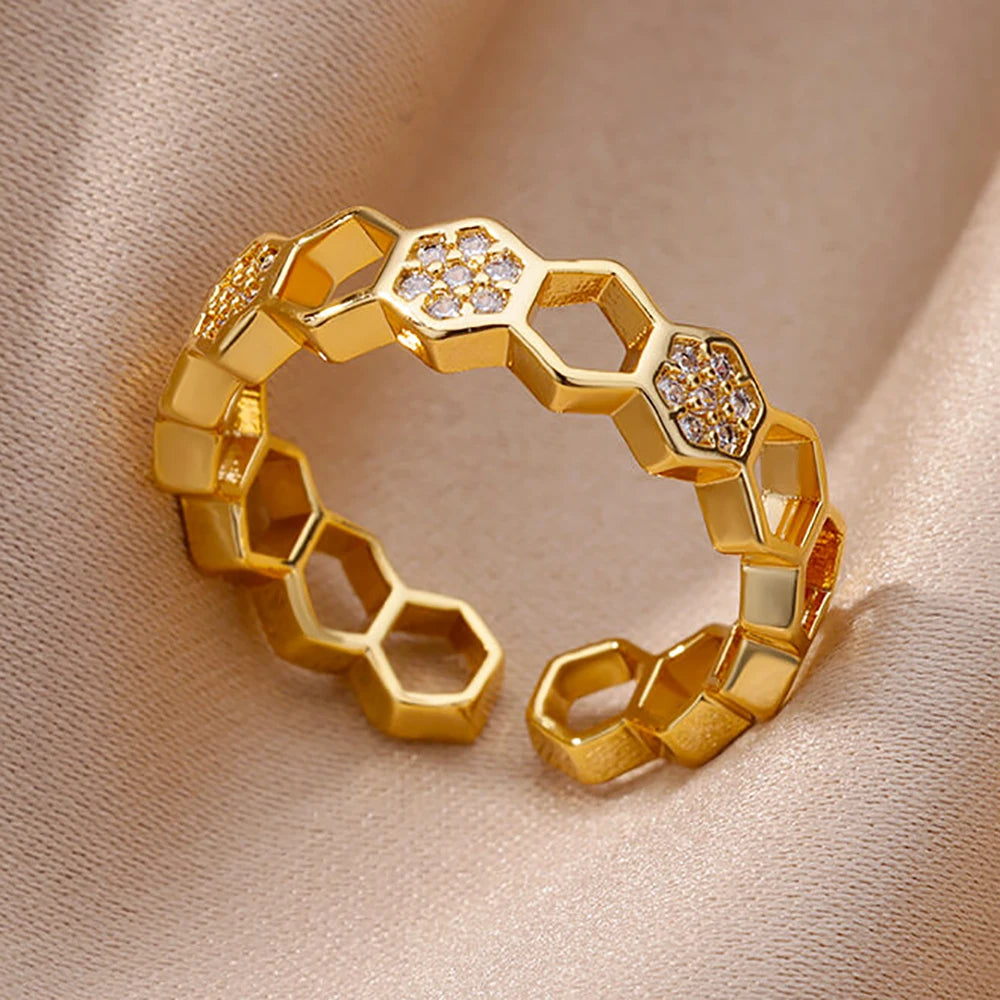 Kettenring mit Zirkonia & Kreuz – Offener Goldring für Damen